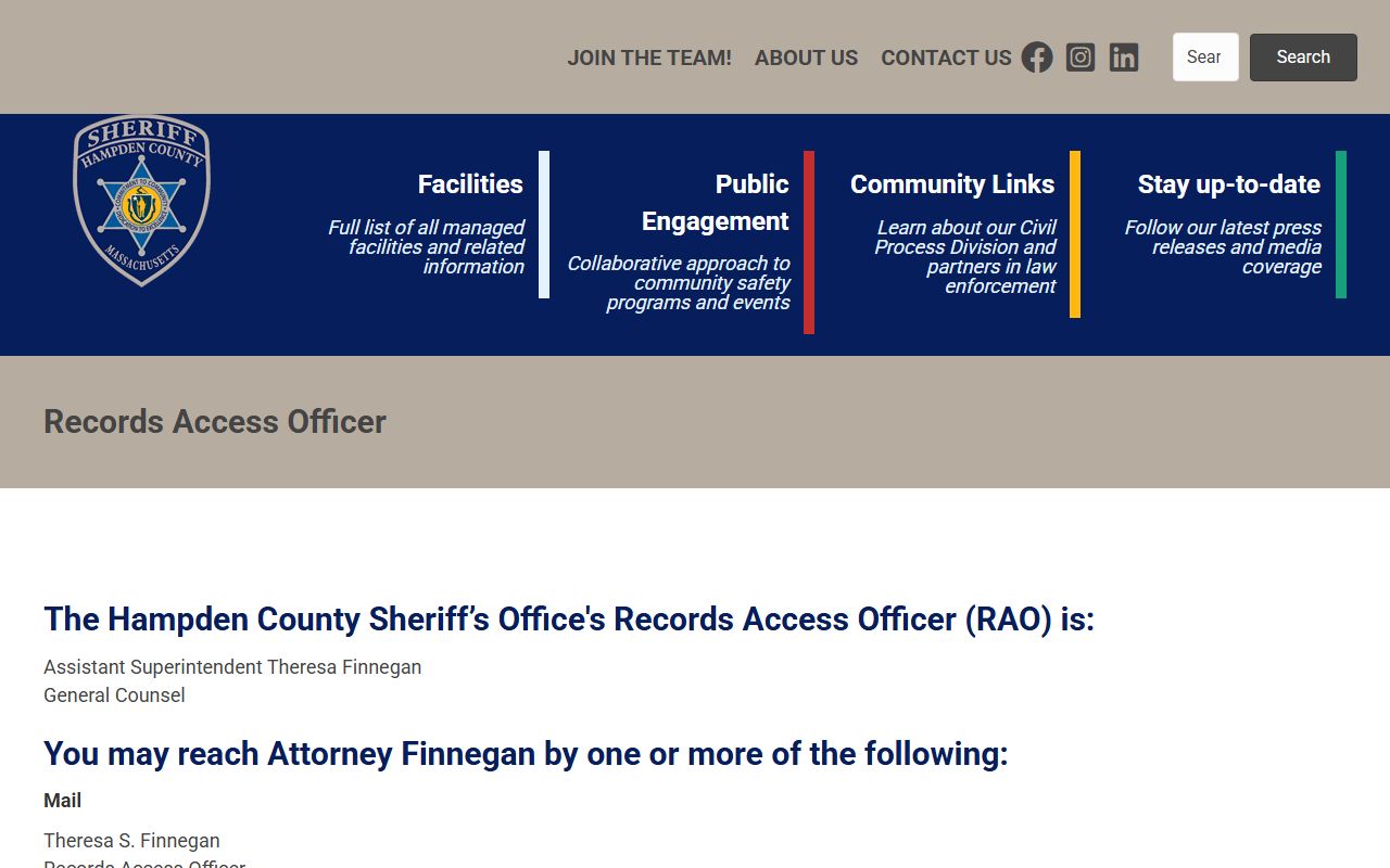 Hampden County jail mugshots Records Access Officer request path