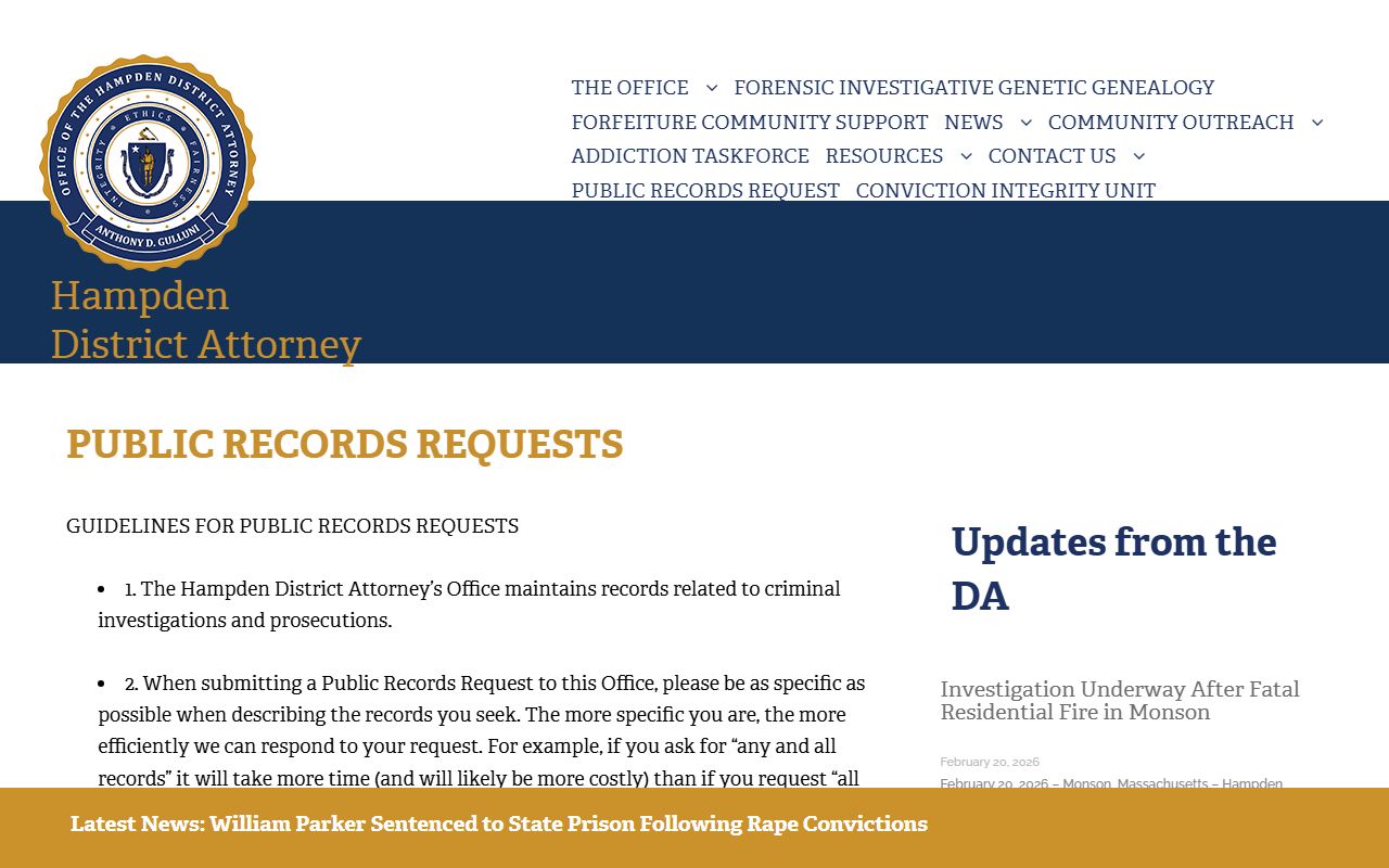 Hampden County court records after jail arrest DA public records guidance